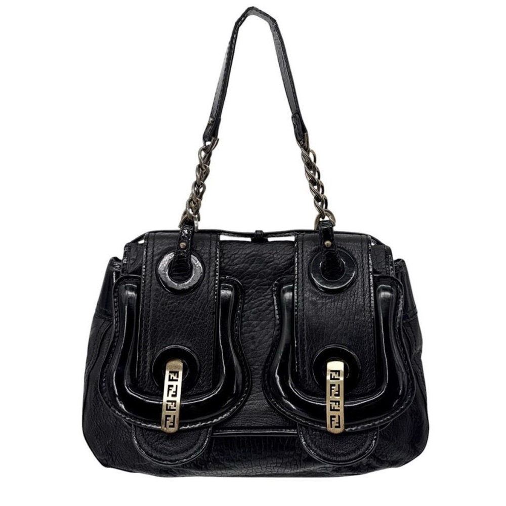 Fendi B Bag with black patent and drummed leather